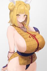 1girl absurdres alternate_breast_size arm_guards armor belt blonde_hair breasts curvy hair_bun hair_ribbon haniwa_(statue) highres huge_breasts jewelry joutouguu_mayumi looking_at_viewer medium_hair moriforest1040 no_pants pendant red_ribbon ribbon sideboob three_quarter_view touhou vest white_ribbon yellow_eyes