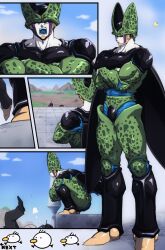 Rule 34 | 3boys, arena, arrow (symbol), bird, black pants, black shoes, black skin, black wings, blue skin, blue sky, blue tongue, bored, bug, butterfly, camera, cell (dragon ball), closed mouth, cloud, colored skin, colored tongue, comic, commentary, crossed arms, crouching, dragon ball, dragonball z, fallen down, flying sweatdrops, full body, green skin, hiding, highres, holding, holding camera, insect, looking at another, looking down, male focus, multicolored skin, multiple boys, multiple views, oguri shun, open mouth, pants, perfect cell, purple skin, recording, red eyes, shoes, sky, smile, smirk, solo focus, spots, squatting, standing, teeth, upper body, walking, white skin, wings, yaoi, yawning, yellow skin