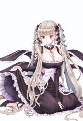 1girl absurdres azur_lane bare_shoulders between_breasts between_legs black_dress black_shoes breasts cleavage dress earrings expressionless flight_deck formidable_(azur_lane) frilled_dress frills grey_hair hair_ribbon hand_between_legs high_heels highres jewelry large_breasts long_hair looking_at_viewer necktie necktie_between_breasts red_eyes ribbon shoes solo twintails two-tone_ribbon u-mil very_long_hair