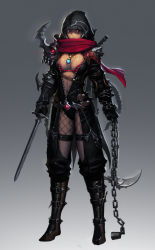 1girl armor assassin belt braid breasts cain_(gunnermul) chain cleavage closed_mouth dark-skinned_female dark_skin diffraction_spikes dual_wielding facial_mark fishnet_legwear fishnets gauntlets gem gradient_background grey_hair highres holding holding_sword holding_weapon hood hood_up jewelry long_hair navel necklace ninja original pauldrons red_eyes red_scarf scarf shaded_face short_sword shoulder_armor sickle solo standing sword warrior weapon weapon_on_back zipper zipper_pull_tab