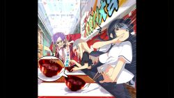 1boy 2girls absurdres beard black_hair black_sailor_collar black_shirt black_skirt blonde_hair blue_necktie blue_skirt blunt_bangs bowl breasts censored censored_food chopsticks confetti disgust emphasis_lines facial_hair game_cg hanzou_academy_school_uniform hebijo_academy_school_uniform highres holding holding_chopsticks ikaruga_(senran_kagura) jacket large_breasts long_sleeves microphone multiple_girls mustache navel necktie non-web_source official_art open_mouth partially_unbuttoned pillarboxed purple_hair red_jacket sailor_collar school_uniform senran_kagura senran_kagura_burst shirt skirt smile striped_necktie sunglasses sweatdrop translation_request white_shirt yaegashi_nan yomi_(senran_kagura)
