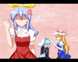 3girls anger_vein animal_ears blonde_hair blue_hair rabbit_ears hat long_hair multiple_girls ponytail reisen short_hair ten203159 touhou watatsuki_no_toyohime watatsuki_no_yorihime