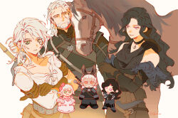 1boy 2girls black_choker black_hair brown_gloves choker ciri crossed_arms geralt_of_rivia gloves green_eyes highres horse multiple_girls purple_eyes shirt the_witcher_(series) the_witcher_3 white_hair yennefer_of_vengerberg yuji_(fantasia)