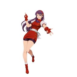 1girl asamiya_athena bike_shorts breasts curvy dress female_focus gloves hairband highres large_breasts leg_up long_hair looking_at_viewer one_eye_closed pants shoes skirt smile smiley_face socks standing star_(symbol) the_king_of_fighters thick_thighs thighs tight_clothes tight_pants wide_hips wink