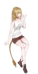 1girl afterimage animal_ears arknights bare_arms bare_shoulders black_choker blonde_hair breasts brown_shorts chinese_commentary choker cleavage closed_mouth collarbone commentary_request fanning_self hair_between_eyes highres hot invisible_chair medium_breasts medium_hair motion_lines short_shorts shorts siege_(arknights) simple_background sitting sleeveless solo tail tank_top wangchuan white_background white_tank_top yellow_eyes yellow_tail
