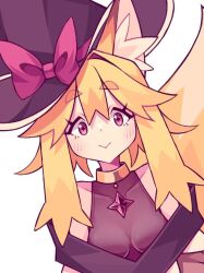 Rule 34 | 1girl, :&gt;, animal ear fluff, animal ears, blonde hair, bodystocking, bow, breasts, commentary, double-parted bangs, english commentary, fox ears, fox girl, fox tail, hair between eyes, hat, hat bow, hat over one ear, highres, kazumiskill, light blush, long hair, looking at viewer, original, pink bow, pink eyes, sidelocks, simple background, smile, solo, star-shaped pupils, star (symbol), star in eye, symbol-shaped pupils, symbol in eye, tail, thick eyebrows, upper body, white background, witch hat