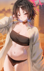 1girl absurdres bikini black_bikini black_choker blurry blurry_background blush breasts brown_eyes brown_hair choker cleavage closed_mouth commentary dated_commentary evening hair_intakes halo highres long_sleeves looking_at_viewer medium_breasts misaki_(blue_archive) misaki_(swimsuit)_(blue_archive) navel official_alternate_costume open_clothes open_shirt outdoors puffy_long_sleeves puffy_sleeves red_halo rororo shirt short_hair solo stomach strapless striped_clothes striped_shirt swimsuit tube_top vertical-striped_clothes vertical-striped_shirt wet white_shirt