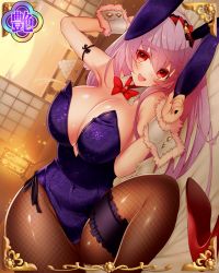 Rule 34 | 1girl, :d, :o, animal ears, animated, animated gif, arm ribbon, arm strap, arm up, armpits, artist request, bare shoulders, bed sheet, blush, bouncing breasts, bow, bowtie, box, breasts, brown pantyhose, cleavage, cloud, covered navel, dengeki, detached collar, dutch angle, embarrassed, fake animal ears, female focus, fishnet pantyhose, fishnets, food, framed, frilled thigh strap, frills, full moon, fur trim, fusuma, futon, glowing, hair between eyes, hairband, half-closed eyes, heart, high heels, indoors, lace, lantern, large breasts, legs folded, leotard, light particles, long hair, looking at viewer, lying, mochi, moon, night, night sky, nose blush, on side, open door, open mouth, pantyhose, paper lantern, playboy bunny, purple hair, rabbit ears, red eyes, ribbon, saliva, sengoku bushouki muramasa, sexually suggestive, shiny clothes, shoes, shouji, sky, sliding doors, smile, solo, spoken heart, thigh strap, toudou takatora (sengoku bushouki muramasa), unworn shoes, very long hair, wagashi, wrist cuffs