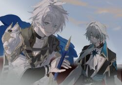 2boys anaxa_(honkai:_star_rail) armor ascot black_corset black_jacket blue_eyes closed_mouth cloud cloudy_sky coat corset earrings gem grey_hair grin hair_between_eyes highres holding holding_sword holding_weapon honkai:_star_rail honkai_(series) jacket jewelry lapels looking_at_viewer male_focus medium_hair multiple_boys neck_tattoo notched_lapels parted_bangs pauldrons phainon_(honkai:_star_rail) red_gemstone shirt short_hair shoulder_armor side_ponytail single_earring single_pauldron sky smile sword tattoo teeth upper_body weapon white_ascot white_coat white_shirt yangyi_yangyi yellow_pupils