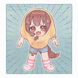 Rule 34 | 1girl, :d, alternate costume, amari (ama shiiiiiiba), animal ears, blue shorts, blush, brown eyes, brown hair, chibi, chibi only, commentary, dog ears, dog girl, dog tail, double-parted bangs, fangs, frayed shorts, full body, hololive, inugami korone, jamila (ultra series), long hair, looking at viewer, open mouth, shirt, shorts, smile, solo, tail, ultra series, v-shaped eyebrows, virtual youtuber, yellow shirt