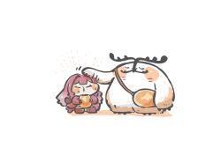 1girl bag baobhan_sith_(fate) baobhan_sith_(first_ascension)_(fate) blush bread cernunnos_(fate) chibi closed_eyes eating fate/grand_order fate_(series) food headpat highres long_hair pink_hair puffy_cheeks solo umeyama_(ume22ke) white_background