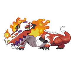 absurdres animal_focus artist_request black_sclera claws colored_sclera crocodilian fire fire_bird_(skeledirge) full_body highres nintendo no_humans official_art open_mouth outline pokemon pokemon_(creature) pokemon_focus pokemon_sv skeledirge third-party_source transparent_background white_outline yellow_eyes