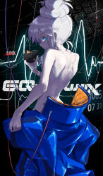 1girl artist_name bare_back blue_eyes cable commentary_request copyright_logo deux_murasame expressionless freckles grey_hair gundam gundam_gquuuuuux highres holding holding_mask iknsk intravenous_drip long_hair looking_at_viewer looking_back mask mecha_pilot_suit normal_suit_(gundam) pale_skin solo undressing