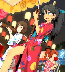 3girls aiming akizuki_ritsuko antenna_hair aqua_bow aqua_eyes aqua_obi aqua_ribbon artist_request black_hair blue_obi bow breasts brown_eyes brown_hair cameo closed_eyes collarbone earrings eating eyelashes fang female_focus festival fingernails floral_print full_body ganaha_hibiki geta gun hagiwara_yukiho hair_between_eyes hair_ornament hands_up happy height_difference high_ponytail holding holding_gun holding_weapon hoop_earrings idol idolmaster idolmaster_(classic) japanese_clothes jewelry kimono kisaragi_chihaya lamp legs long_hair mask medium_breasts medium_hair multiple_girls namco neck nervous night night_sky no_bra obi one_eye_closed open_mouth orange_hair outdoors parted_bangs pink_kimono pink_yukata ponytail print_kimono print_yukata red_kimono red_obi red_yukata reloading ribbon sandals sash shiny_skin shotgun sidelocks sky small_breasts smile smug standing summer sweat sweatdrop takatsuki_yayoi tanabata thighs traditional_clothes twintails very_long_hair walking wavy_hair weapon white_kimono white_yukata you&#039;re_doing_it_wrong yukata