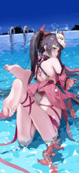 Rule 34 | 1girl, absurdres, barefoot, black choker, choker, circle facial mark, commentary request, dress, feet, feet up, foot focus, fox mask, from behind, highres, honkai: star rail, honkai (series), koi, leg ribbon, long hair, looking at viewer, lying, mask, mask on head, mousedic07, nail polish, night, on stomach, outdoors, panties, partially submerged, pink eyes, pool, pool ladder, red dress, red nails, red ribbon, ribbon, skindentation, soles, solo, sparkle (honkai: star rail), toenail polish, toenails, toes, twintails, underwear, water, white panties