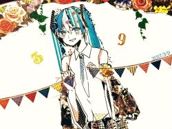 Rule 34 | 1girl, 39, 2017, aqua eyes, aqua hair, asagi kino, black necktie, black skirt, black sleeves, blush, bunting, collared shirt, commentary, dated, detached sleeves, flower, hair between eyes, hair ornament, hands up, hatsune miku, highres, holding string of flags, leaf, masking tape (medium), miku day, mixed media, necktie, parted lips, shirt, sidelocks, skirt, sleeveless, sleeveless shirt, smile, solo, traditional media, twintails, unconventional media, upper body, vocaloid, white background, white eyes, white shirt, wide sleeves