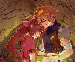 Rule 34 | 1boy, 1girl, armor, artist name, bandaged arm, bandaged hand, bandaged head, bandages, bandaid, bandaid on face, bandaid on nose, bangle, blonde hair, blue shirt, bracelet, braid, braided ponytail, breasts, brown hair, cave, closed eyes, couple, cropped jacket, dress, facial scar, final fantasy, final fantasy vii, final fantasy vii rebirth, final fantasy vii remake, hair between eyes, hair ribbon, hand on another&#039;s arm, healing, hetero, holding hands, jacket, jewelry, kurohyn, light blush, long hair, medium breasts, parted bangs, pauldrons, pink dress, pink ribbon, red jacket, ribbon, scar, scar on cheek, scar on face, shirt, short hair, short sleeves, shoulder armor, sidelocks, single braid, single pauldron, sleeveless, sleeveless turtleneck, smile, spiked hair, suspenders, turtleneck, upper body