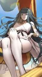 Rule 34 | 1girl, absurdres, armlet, bare shoulders, breasts, cleopatra (fate), cleopatra (third ascension) (fate), crossed legs, dress, earrings, fate/grand order, fate (series), green eyes, green hair, hairband, highres, hoop earrings, jewelry, large breasts, long hair, looking at viewer, open mouth, shiroshisu, smile, snake, solo, thighs, uraeus astrape, white dress