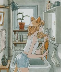 Rule 34 | 1girl, animal ears, bathroom, breasts, brushing hair, cup, drinking glass, eokaku surimi, fox, fox ears, fox girl, fox tail, hair brush, hair dryer, highres, holding, holding own hair, indoors, jewelry, lamp, leaning forward, long hair, looking at mirror, makeup, mirror, orange hair, original, pencil, picture frame, plant, ring, shelf, shorts, sink, slice of life, small breasts, solo, tail, tank top, tile wall, tiles, toothbrush, toothpaste, towel, white tank top, window