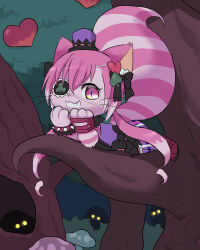 1girl :3 animal_ears animal_hands black_bow bow bracelet cat_busters cat_ears cat_girl cat_tail cheshire_(cat_busters) club_(shape) commentary_request dress eyepatch furry furry_female glowing glowing_eyes grin hair_bow hat heart jewelry long_hair looking_at_viewer low_twintails mini_hat mini_top_hat mushroom outdoors purple_dress purple_eyes purple_hair smile solo spiked_bracelet spikes tail top_hat tree twintails wataboshi whiskers