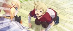 1boy 1girl armor bandaged_arm bandages black_gloves blonde_hair blue_eyes braid brown_pants choker collarbone darkness_(konosuba) dogeza dust_(konosuba) furrowed_brow game_cg gloves hair_ornament hand_on_own_chin highres jacket kono_subarashii_sekai_ni_shukufuku_wo! konosuba!_fantastic_days long_hair looking_at_another mole mole_under_eye multicolored_jacket official_art on_ground open_mouth outdoors pants ponytail ponytail_with_braided_base red_eyes red_jacket short_hair sidelocks sleeves_rolled_up stroking_own_chin sweatdrop two-tone_jacket white_jacket x_hair_ornament
