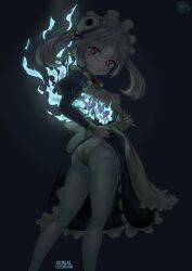 1girl absurdres apron artist_logo artist_name ass black_background bloody_marie_(skullgirls) blue_fire blush_stickers breasts cerealxs colored_fire covered_erect_nipples feet_out_of_frame female_focus fire from_behind hair_ornament highres kneepits logo looking_at_viewer looking_back maid maid_apron maid_headdress medium_hair nipples panties red_eyes ribs simple_background skull_hair_ornament skullgirls small_breasts solo standing thighs underwear
