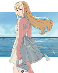 1girl bag blonde_hair dress earrings enelous gigi_andalusia gundam gundam_hathaway&#039;s_flash handbag holding holding_bag jewelry long_hair looking_at_viewer looking_back ocean solo white_bag white_dress wind wind_lift