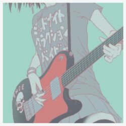 black_hair bracelet cross cross_earrings crow_(nikke) earrings electric_guitar goddess_of_victory:_nikke green_background grey_shirt grey_skirt guitar head_out_of_frame highres instrument jewelry mero_(ilsttkgbz11) music playing_guitar playing_instrument pleated_skirt plectrum ring shirt simple_background skirt