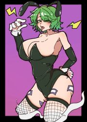 Rule 34 | 1girl, alternate costume, black border, border, breasts, cleavage, commentary, fishnet thighhighs, fishnets, full body, ghost girl, ghost tail, green eyes, green hair, highres, large breasts, leotard, lightning bolt symbol, marinne, ofuda, open mouth, playboy bunny, purple background, simple background, skindentation, soga no tojiko, symbol-only commentary, thighhighs, tongue, tongue out, touhou