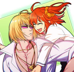 1boy 1girl adam&#039;s_apple ahoge blonde_hair closed_eyes fate/grand_order fate_(series) fujimaru_ritsuka_(female) gold_necklace hair_ornament hair_scrunchie hug jewelry necklace open_mouth orange_hair pink-tinted_eyewear sakata_kintoki_(fate) scrunchie short_hair sunglasses tinted_eyewear zanshi