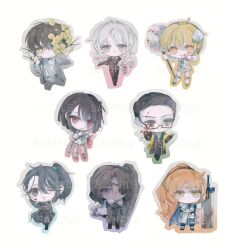 Rule 34 | 4boys, 4girls, armor, black hair, blonde hair, blue eyes, bob cut, brown hair, chibi, dieci association south uniform, don quixote (project moon), e.g.o (project moon), faust (project moon), full-stop office (identity) (project moon), full body, glasses, green eyes, holding, holding sword, holding weapon, lantern (e.g.o), limbus company, lobotomy corporation (identity) (project moon), long hair, looking at viewer, multiple boys, multiple girls, open mouth, orange hair, parted bangs, ponytail, project moon, r.b. (identity) (project moon), red eyes, short hair, simple background, smile, spicebush (e.g.o), sword, technology liberation alliance (identity) (project moon), tw4wnpkqamfirtg, very long hair, weapon, white background, white hair, wuthering heights (identity) (project moon), yellow eyes, yi sang (project moon), zwei association west uniform