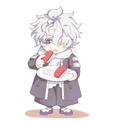 1boy 8ato3abure :o bags_under_eyes black_coat black_pants chibi chibi_only coat eating fish_(food) food grey_eyes hair_over_one_eye highres holding holding_food holding_plate hood hoodie looking_at_food male_focus nigirizushi pants plate q_(tribe_nine) signature simple_background solo standing sushi tribe_nine white_background white_hair white_hoodie