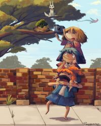 3girls angry ayumu_niikura barefoot bird black_eyes blonde_hair blue_hair blue_jacket brick_wall camera carrying cat city_(arawi_keiichi) dress happy izumi_wako jacket multiple_girls nagumo_midori orange_hair pepponeppo pink_dress red_jacket shirt shorts shoulder_carry skirt tongue tongue_out tree white_cat white_shirt