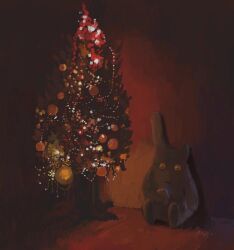 Rule 34 | brown background, christmas ornaments, christmas tree, creature, dark, holding, indoors, looking at object, missing ear, no humans, original, sitting, slow d