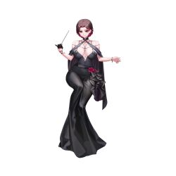 1girl bare_shoulders belt between_breasts black_belt black_dress black_gloves black_shawl bracelet breasts breasts_apart brown_hair collarbone colored_inner_hair conductor conductor_baton d-log dress earrings evening_gown flower frills full_body gem gloves grin hair_intakes half_gloves highres hobble_dress holding_baton jewelry large_breasts last_origin long_dress looking_at_viewer merlin_(last_origin) multicolored_hair off-shoulder_dress off_shoulder official_alternate_costume official_art plunging_neckline red_eyes red_flower red_gemstone red_hair red_rose rose see-through_clothes see-through_shawl shawl short_hair simple_background single_glove sitting skin_tight slit_pupils smile solo tachi-e third-party_source transparent_background two-tone_hair v-shaped_eyebrows wrist_straps