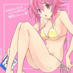 1girl :o bare_legs bare_shoulders barefoot bikini blush breasts chaos;child chaos;child_love_chu_chu!! collarbone commentary_request dated full_body hair_between_eyes holding_game legs looking_at_viewer matsuo_yukihiro medium_breasts navel onoe_serika open_mouth pink_background pink_eyes pink_hair pink_lips pulling_own_clothes science_adventure shiny_skin short_hair simple_background sitting solo stomach swimsuit thick_thighs thighs undoing_bikini_bottoms yellow_bikini