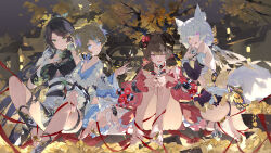 4girls animal_ears ass back black_hair blue_eyes bodhi_wushushenghua brai brown_hair butterfly_earrings coin earrings feet gold gold_coin green_eyes hetero horns japanese_clothes jewelry kneeling leaves looking_back multiple_girls one_eye_closed open_mouth original red_eyes ribbon smile soles tail tree white_hair