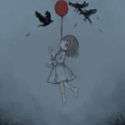 1girl balloon bird brown_hair commentary crow dress floating highres kapura long_sleeves no_shoes original short_dress socks solo suicide white_dress white_socks