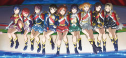 6+girls absurdres aiguillette aijou_karen belt black_eyes black_hair blonde_hair blue_eyes blue_hair boots brown_eyes brown_hair crown daiba_nana epaulettes glasses green_eyes hair_ornament hairband hairclip hanayagi_kaoruko highres hoshimi_junna isurugi_futaba jacket jacket_on_shoulders kagura_hikari knee_up long_hair looking_at_viewer mini_crown multiple_girls official_art orange_hair pleated_skirt purple_eyes purple_hair red_eyes saijou_claudine seishou_music_academy_uniform short_hair shoujo_kageki_revue_starlight sitting skirt tendou_maya tsuyuzaki_mahiru twintails two_side_up