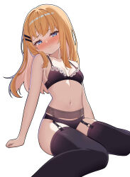 absurdres blonde_hair blush bra breasts chrono_ark garter_belt garter_straps highres lingerie looking_at_viewer lucy_(chrono_ark) non-web_source small_breasts thighhighs underwear wayanfa