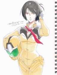 1980s_(style) 1girl black_hair breasts cleavage commentary_request dated gundam gundam_gquuuuuux helmet highres holding holding_helmet holding_unworn_helmet looking_at_viewer mecha_pilot_suit oldschool painting_(medium) retro_artstyle shiiko_sugai short_hair signature small_breasts solo traditional_media unworn_headwear unworn_helmet waeba_yuusee watercolor_(medium)