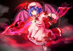 1girl aura bat_wings bow brooch closed_mouth commentary_request female_focus flying fog frilled_shirt frilled_shirt_collar frilled_skirt frills full_body hat hat_bow holding holding_weapon jewelry light_purple_hair long_skirt looking_at_viewer mob_cap night pink_shirt pink_shoes puffy_short_sleeves puffy_sleeves red_bow red_eyes red_sash remilia_scarlet ryuu_(multitask) sash shirt shoes short_sleeves skirt sky solo spear_the_gungnir star_(sky) starry_sky touhou weapon wings