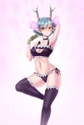 1girl antlers aqua_hair artist_request blue_hair breasts c_(control) cat_lingerie choker cleavage closed_mouth fur highres horns lingerie looking_at_viewer meme_attire panties pointy_ears q_(control) short_hair solo thighhighs underwear yellow_eyes