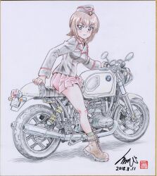 Rule 34 | black jacket, bmw, bmw r60, brown eyes, brown footwear, brown hair, cross, dress shirt, full body, garrison cap, girls und panzer, hat, highres, jacket, kubota shinji, kuromorimine military uniform, military, military hat, military uniform, motor vehicle, motorcycle, nishizumi maho, on motorcycle, red shirt, red skirt, riding, shirt, signature, sketch, skirt, tulip hat, vehicle focus, wing collar