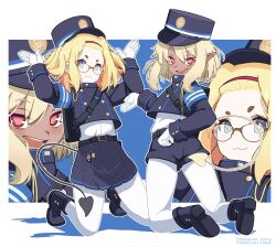 2girls :3 armband ass belt black_belt blue_archive blue_armband blue_background blue_boots blue_eyes blue_hat boots border buttons closed_mouth commentary commission cosplay dark-skinned_female dark_skin demon_tail double-breasted english_commentary forehead full_body gloves hat highres hikari_(blue_archive) hikari_(blue_archive)_(cosplay) long_sleeves looking_at_viewer medium_hair multiple_girls nozomi_(blue_archive) nozomi_(blue_archive)_(cosplay) open_mouth pantyhose pantyhose_under_shorts pointy_ears red_eyes senketsu05 shadow shorts sidelocks skirt star-shaped_pupils star_(symbol) symbol-shaped_pupils tail train_conductor white_border white_gloves white_pantyhose