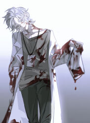 Rule 34 | 1boy, absurdres, black pants, blood, blood on clothes, blood on face, blood on neck, blue eyes, chinese commentary, commentary request, glasses, grey shirt, head tilt, highres, kanou aogu, lab coat, lanyard, long sleeves, looking at viewer, male focus, open clothes, pants, saibou shinkyoku, shirt, short hair, smile, solo, tongue, tongue out, white hair, zhili yuan