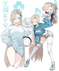 &gt;_&lt; 1boy 1girl ^_^ alternate_costume apron asuna_(blue_archive) asymmetrical_bangs blue_archive blue_eyes blue_ribbon blue_shirt blush blush_stickers breasts brown_hair character_name cleavage cleavage_cutout closed_eyes clothing_cutout commentary_request cropped_shirt doodle_sensei_(blue_archive) grin hair_over_one_eye hair_ribbon halo hand_on_own_hip hand_on_own_thigh highres kotatu_(akaki01aoki00) long_hair maid maid_apron maid_headdress midriff multiple_views oversized_clothes oversized_shirt ribbon sensei_(blue_archive) shirt shoelaces shoes short_shorts shorts simple_background smile sneakers thighhighs very_long_hair w white_background white_shirt white_thighhighs