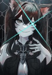 Rule 34 | 1girl, absurdres, animal ears, bare shoulders, black nails, brown hair, center opening, chain-link fence, commission, crazy, crazy eyes, facial tattoo, fence, fingernails, heart, heart tattoo, highres, jewelry, long eyelashes, original, partially unzipped, ring, sharp fingernails, sharp teeth, shoulder tattoo, skeb commission, smile, sutorobo72, tattoo, teeth, zipper