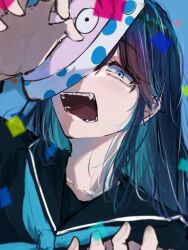 Rule 34 | 1girl, ado (utaite), aqua neckerchief, black sailor collar, black shirt, blue eyes, blue hair, blush, chando (ado), colored inner hair, commentary, confetti, ego rock (vocaloid), fangs, highres, long hair, looking at viewer, mask, multicolored hair, neckerchief, open mouth, sailor collar, school uniform, serafuku, shirt, sidelocks, solo, tanake (tanakei ado), upper body, utaite
