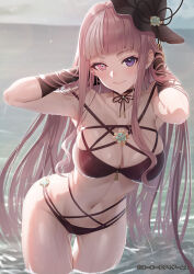 1girl armpits arms_up atelier_(series) atelier_resleriana backlighting bare_shoulders bikini black_choker black_gloves black_hat black_ribbon blunt_bangs breasts brown_bikini choker cleavage commentary_request company_name contrapposto copyright_name cowboy_shot cross-shaped_pupils elbow_gloves gloves groin guest_art hair_flowing_over hands_in_own_hair hat hat_ribbon heterochromia highleg highleg_bikini highres koisuke lara_trockel large_breasts leaning_forward light_particles linea_alba long_hair mismatched_eyebrows mismatched_pupils multi-strapped_bikini_bottom multi-strapped_bikini_top multicolored_hair navel ocean official_art outdoors pink_eyes pink_hair purple_eyes ribbon ribbon_choker second-party_source solo stomach straight_hair streaked_hair swimsuit symbol-shaped_pupils thigh_gap thighs two-tone_hair very_long_hair wading wet white_streaks